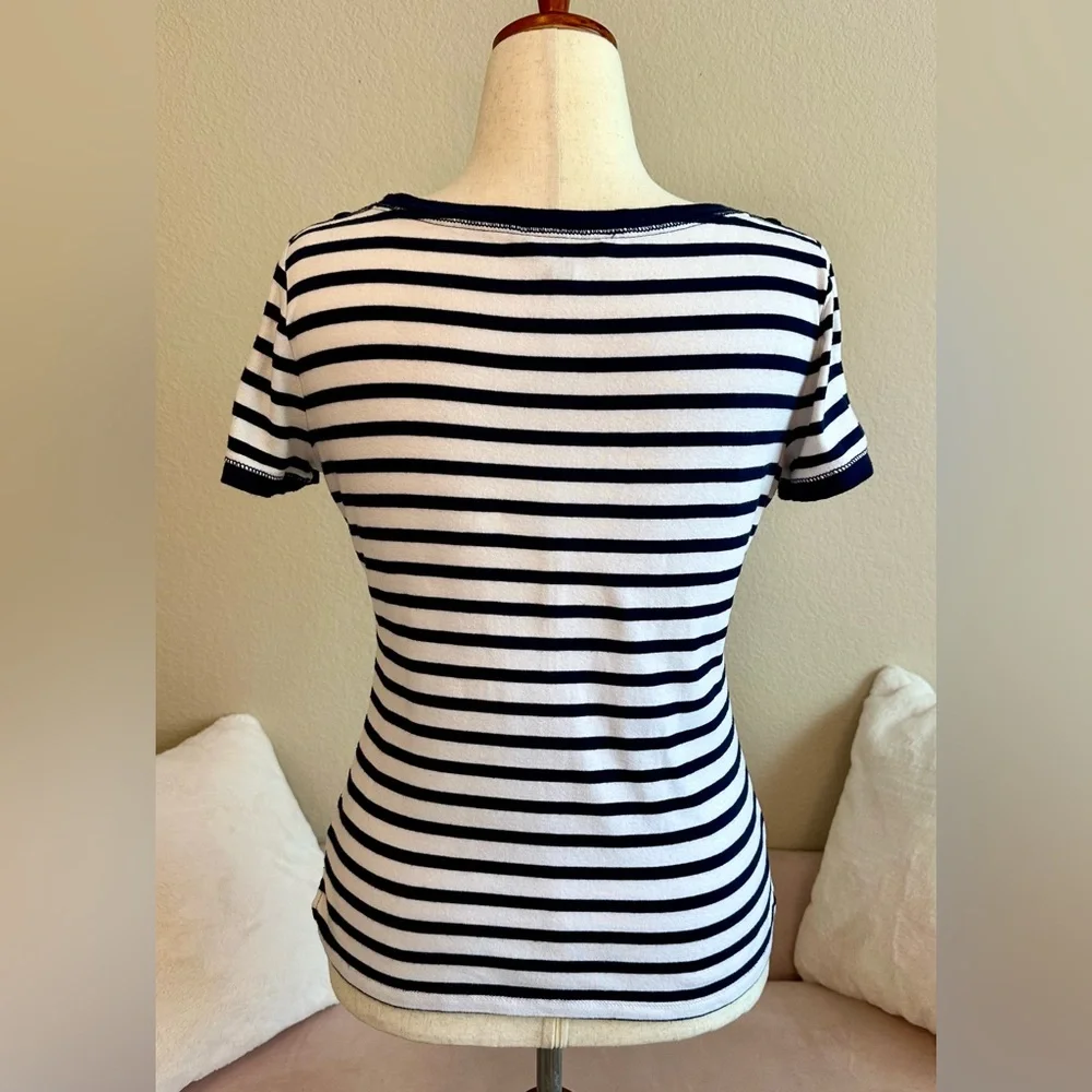 Ralph Lauren Shirt Blue White Stripe Button Shoulder Women’s Large Nautical - Picture 5 of 11